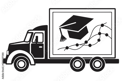 Truck carrying graduation cap and data graph