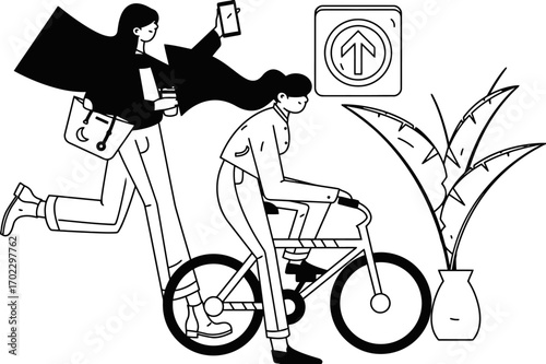 Energetic young professionals embracing modern urban commuting and active lifestyles with coffee and smart devices, symbolizing progress and dynamism