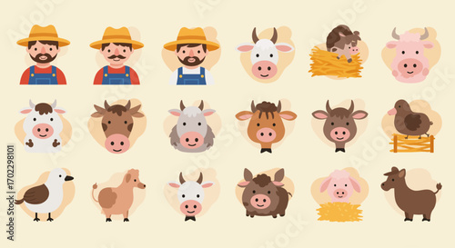 Cartoon farm animals and farmers icons set, vector illustration.
