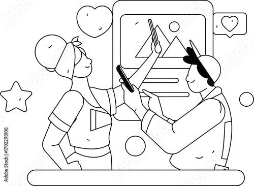 Young creators collaborate joyfully using mobile devices to edit and share stunning visual content, sparking engagement with hearts and likes.