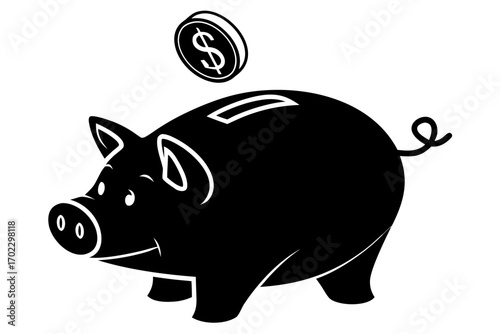 Black piggy bank with dollar coin falling into slot