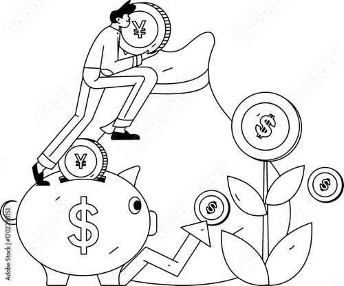 Man diligently deposits coins into piggy bank and money bag symbolizing financial growth and wealth accumulation for investment and savings success