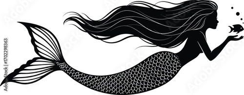 Mermaid silhouette illustration, fantasy ocean creature with fish, underwater magical scene, black vector design, elegant aquatic figure, mystical sea art