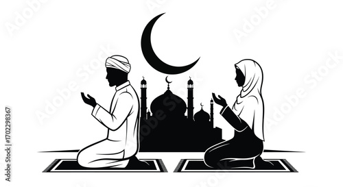 Vector art of muslim couple praying on prayer rug with mosque and crescent moon