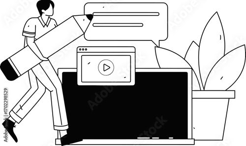 Creative professional crafting engaging content with a giant pencil and laptop, symbolizing idea generation and digital communication for modern marketing strategies.