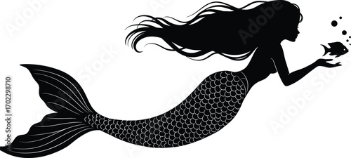 Mermaid silhouette illustration, fantasy ocean creature with fish, underwater magical scene, black vector design, elegant aquatic figure, mystical sea art