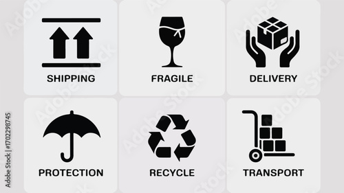 Six black shipping and handling icons with text labels fragile delivery