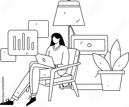 Professional woman analyzing data charts on laptop while working remotely in a cozy, modern home office setup with ambient lighting and plant decor