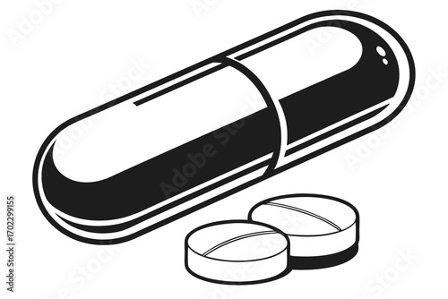 Black and white illustration of a capsule and two pills