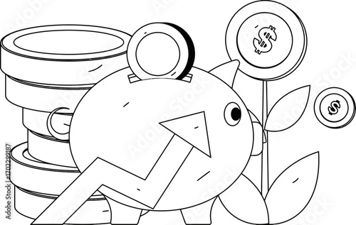 Adorable piggy bank grows wealth with rising arrow and stacked coins, symbolizing financial growth, savings, and investment success for a prosperous future.
