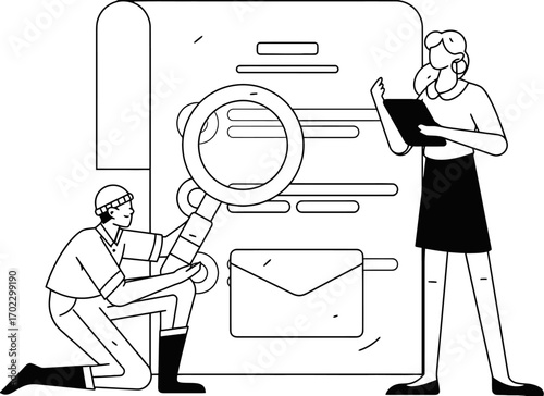 Dedicated team meticulously analyzing documents and data with magnifying glass, ensuring accuracy and efficiency in modern business operations and research processes.