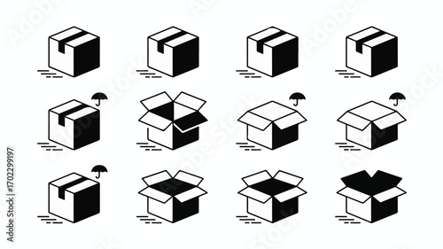 Twelve isometric black and white shipping boxes with open and closed flaps and protective symbols