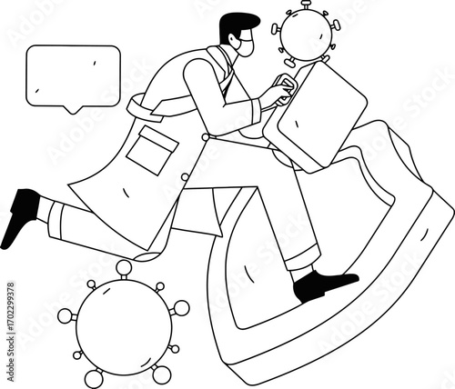 Dynamic doctor in mask rushes with briefcase and virus icons, symbolizing urgent healthcare response and pandemic challenges with communication bubbles for important messages.