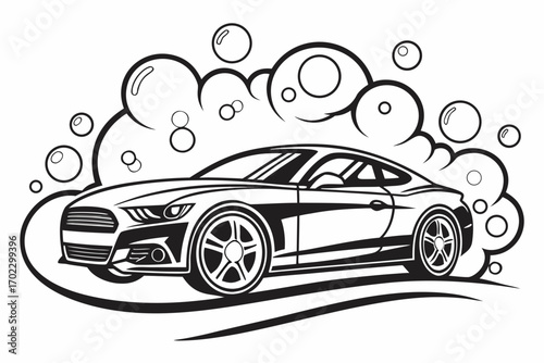Stylized black and white illustration of a sports car being washed with bubbles