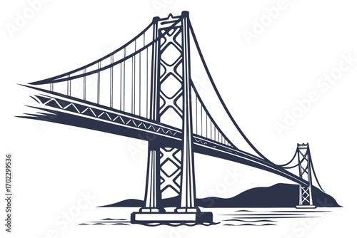 Iconic suspension bridge silhouette over water and hills