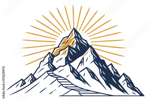Stylized mountain peak with sun rays and winding path