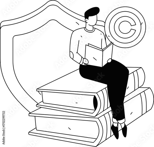 Person diligently studying complex legal concepts while protected by intellectual property rights and surrounded by knowledge assets