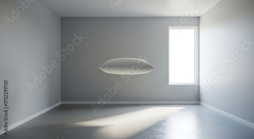 Pillow levitating inside minimal grey room illuminated by natural light