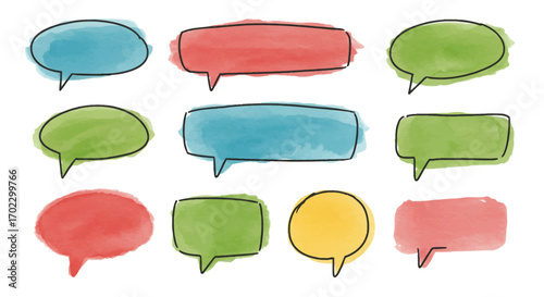 A collection of nine colorful, hand-drawn speech bubbles with a watercolor texture, isolated on a white background.