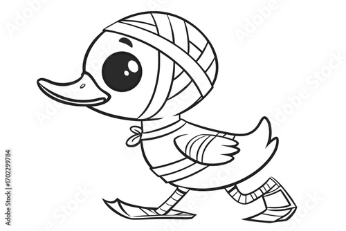 Cute cartoon mummy duckling walking with bandages