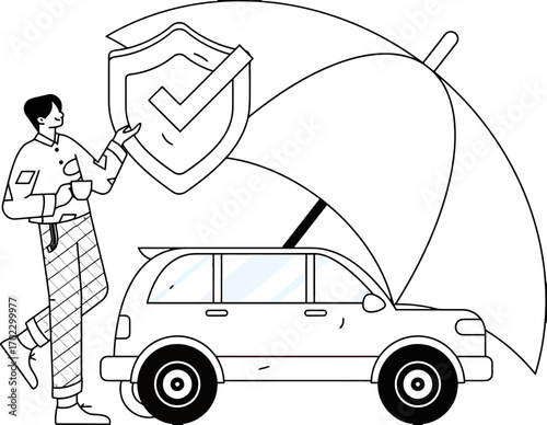 Confident individual holding coffee cup looking at car protected by shield and umbrella representing comprehensive insurance and safety solutions for modern drivers