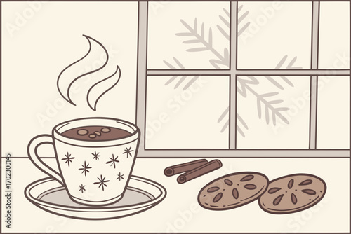 Cozy winter scene with hot chocolate and cookies by the window