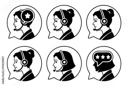 Customer service icons with female operators and feedback symbols