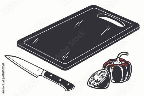 Cutting board knife and bell pepper illustration for cooking preparation