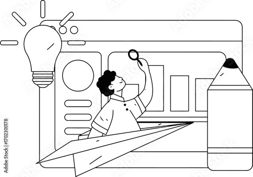 Innovative entrepreneur analyzing business growth charts with a magnifying glass and a bright idea lightbulb, symbolizing strategic planning and successful development for modern ventures