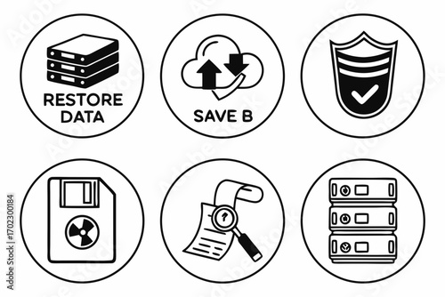Set of six circular icons representing data backup and security concepts