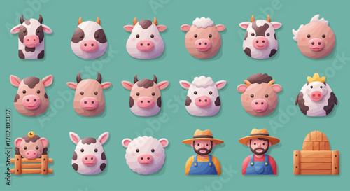 Collection of cute 3D farm animal icons, featuring stylized heads of cows, pigs, sheep, and farmer avatars.