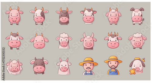 A charming collection of cute cartoon farm animal and farmer head icons, featuring various cows and sheep.