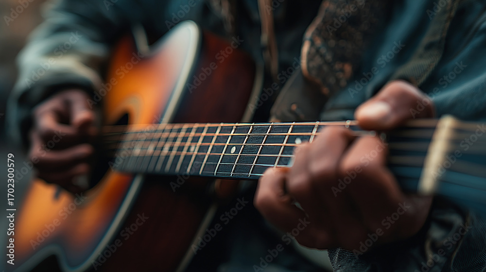 Obraz premium A close up shot of a person playing an acoustic guitar with their fingers on the fretboard strumming