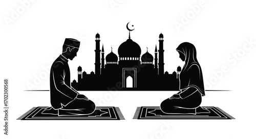 Vector art of muslim couple praying in front of a mosque