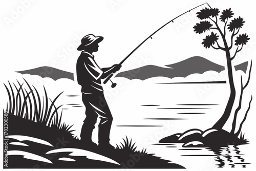 Silhouette of a fisherman casting a line on a tranquil lake