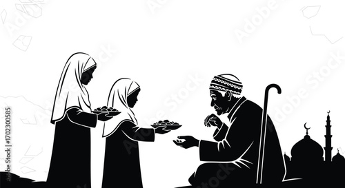Vector art of two women in hijabs offer food to an elderly man, mosque silhouette