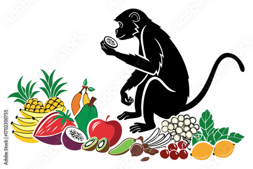 Black silhouette of a monkey sitting and eating fruit