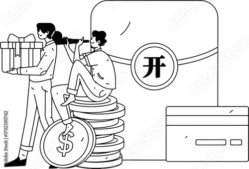 Excited people celebrate financial success with gift boxes coins and credit cards symbolizing profitable opportunities and modern wealth management