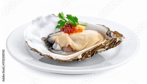 Fresh Oyster on Half Shell with Red Caviar and Lemon on White Plate