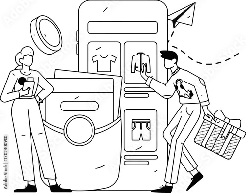 Modern shoppers browse online fashion storefronts on a giant smartphone screen, grabbing deals and gifting joy with a wrapped present and coins flying