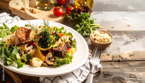 A close-up view of a colorful plate of fresh vegetables and grilled tofu, alongside bread, oil, tomatoes, and herbs on a rustic wooden surface
