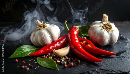 Red Chili Peppers and Garlic with Fresh Herbs and Smoke on Dark Background