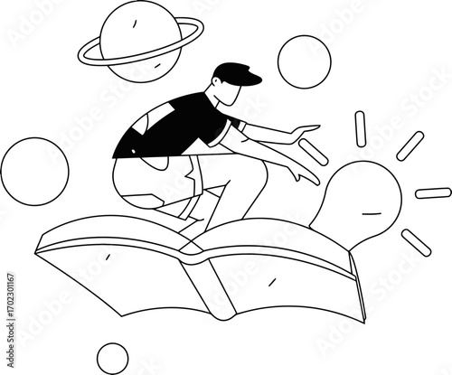 Young student soaring on open book through cosmos discovering bright ideas and cosmic wonders igniting imagination and learning.