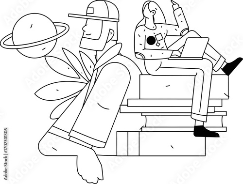 Modern thinkers embracing knowledge and innovation, a man with a planet and a woman with a laptop, symbolizing creativity and learning in a minimalist style