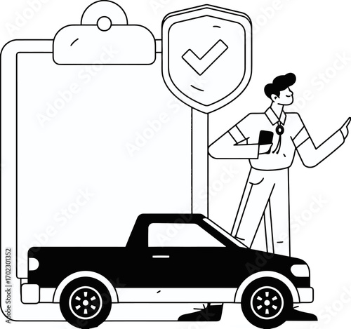 Confident professional secures vehicle protection with digital checklist and shield icon, ensuring peace of mind and smart policy management for car owners.