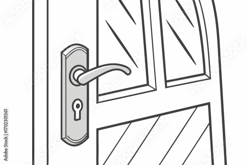 Close up of a cartoon door with a handle and keyhole
