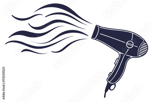 Stylized dark blue hairdryer blowing air on a white background
