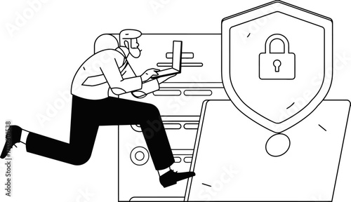 Dynamic businessman actively protecting data with laptop near shield and lock icon, symbolizing cybersecurity and digital safety in modern business operations