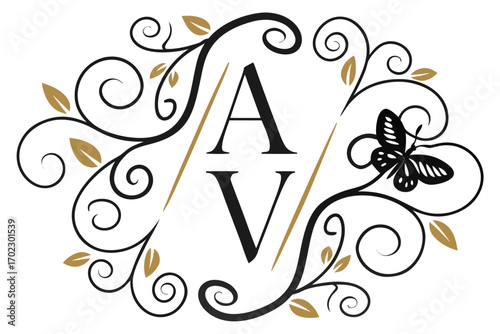 Elegant monogram av with butterfly and floral flourishes