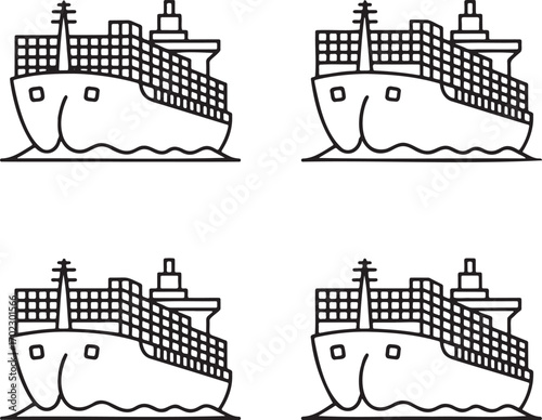 Set of Cargo ship Outline vector illustration isolated On Transparent Background